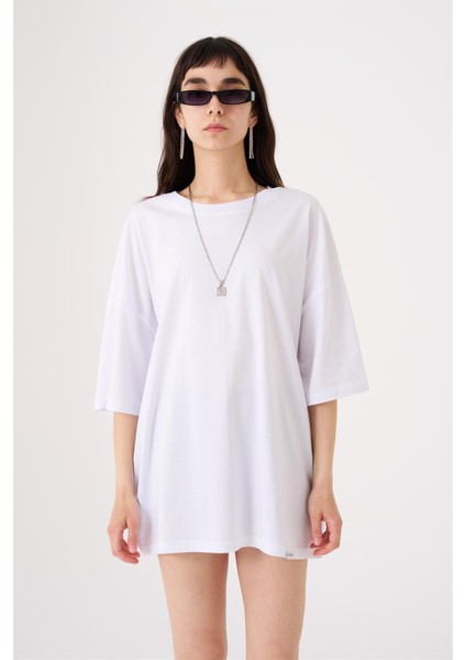 Kadın Basic Oversize Pamuklu Süprem T-Shirt Beyaz