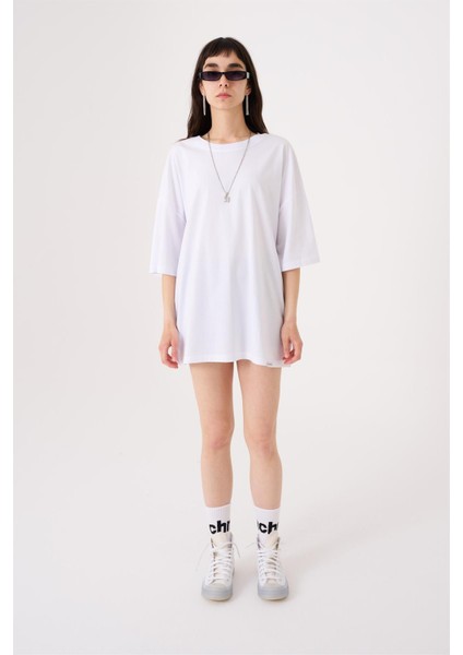 Kadın Basic Oversize Pamuklu Süprem T-Shirt Beyaz