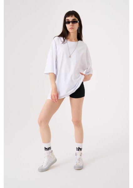 Kadın Basic Oversize Pamuklu Süprem T-Shirt Beyaz