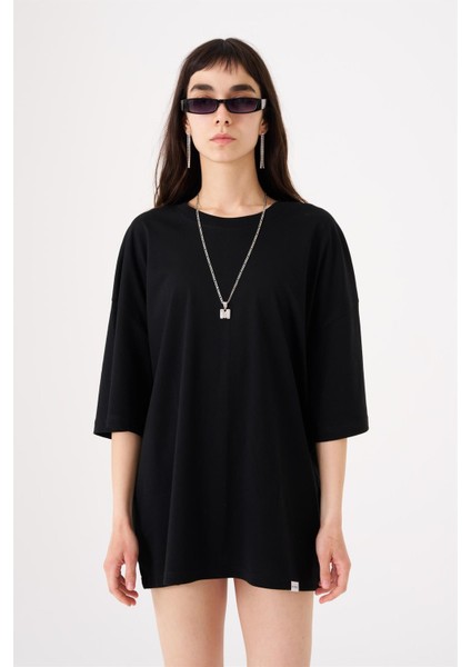 Kadın Basic Oversize Pamuklu Süprem T-Shirt Siyah