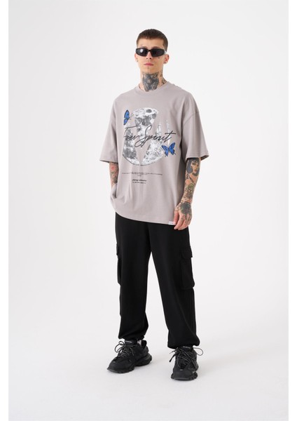 Oversize Free Spirit Baskılı Pamuklu T-Shirt Gri