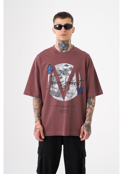 Oversize Free Spirit Baskılı Pamuklu T-Shirt Mürdüm