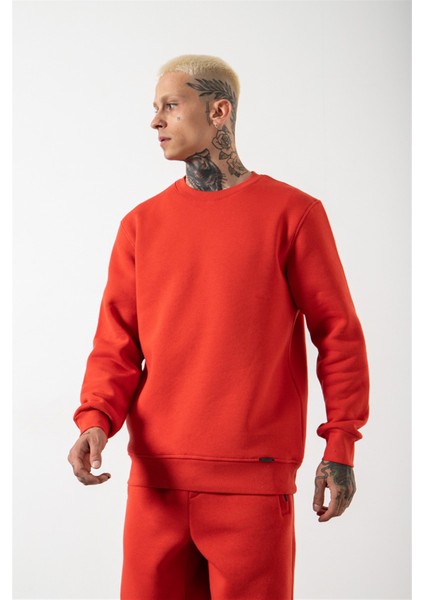 Regular Bisiklet Yaka Basic Sweatshirt Ice Red