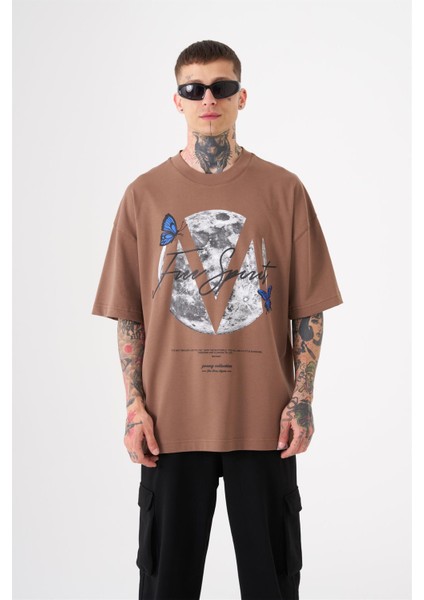 Oversize Free Spirit Baskılı Pamuklu T-Shirt Kahve