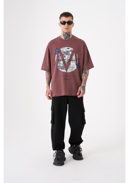 Oversize Free Spirit Baskılı Pamuklu T-Shirt Mürdüm