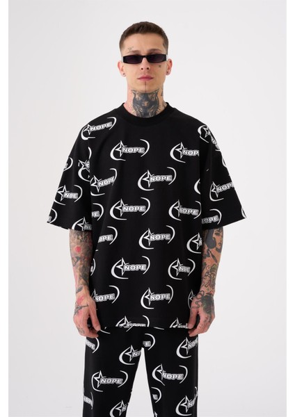 Oversize Nope Baskılı T-Shirt Siyah