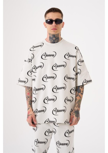 Oversize Nope Baskılı T-Shirt Açık Gri