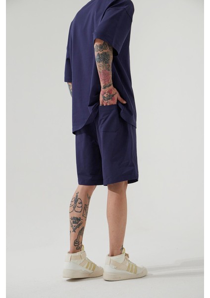 Unisex Oversize Basic Cepli Şort Lacivert modelleri