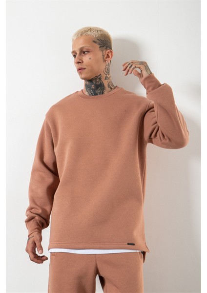Relaxed Yırtmaçlı Bisiklet Yaka Basic Sweatshirt Copper