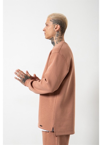 Relaxed Yırtmaçlı Bisiklet Yaka Basic Sweatshirt Copper