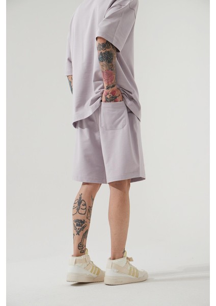 Unisex Oversize Basic Cepli Şort Açık Gri