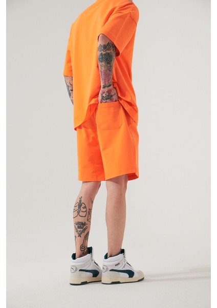 Unisex Oversize Basic Cepli Şort Turuncu