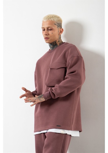 Süper Oversize Cepli Bisiklet Yaka Basic Sweatshirt Mürdüm