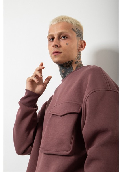Süper Oversize Cepli Bisiklet Yaka Basic Sweatshirt Mürdüm fiyatları