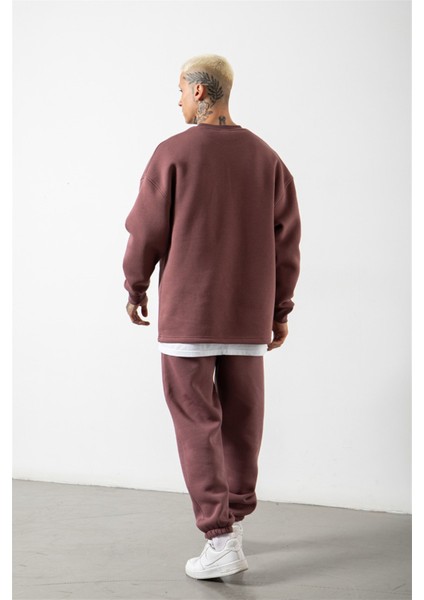 Süper Oversize Cepli Bisiklet Yaka Basic Sweatshirt Mürdüm modelleri
