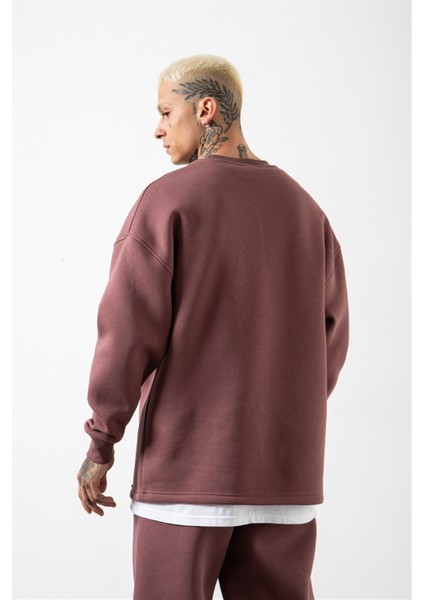 Süper Oversize Cepli Bisiklet Yaka Basic Sweatshirt Mürdüm fırsatları