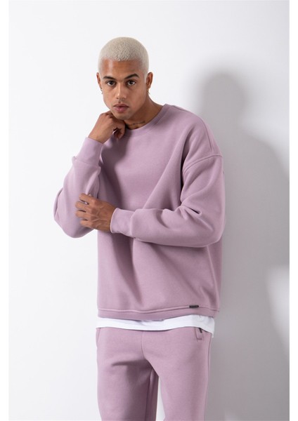 Oversize Bisiklet Yaka Basic Sweatshirt Kirli Pembe