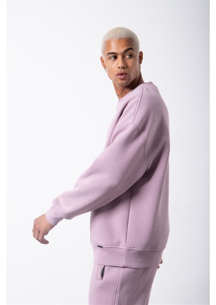 Oversize Bisiklet Yaka Basic Sweatshirt Kirli Pembe