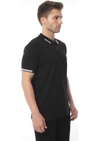 Pamuklu Kumaş Slim Fit Dar Kesim Kıvrılmaz Polo Yaka Tişört - Siyah