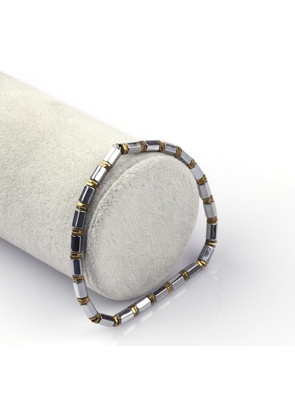 Gümüş Gri - Gold Renkli Hematit Doğal Taş Bileklik 5 x 3 mm Rondel Kesim