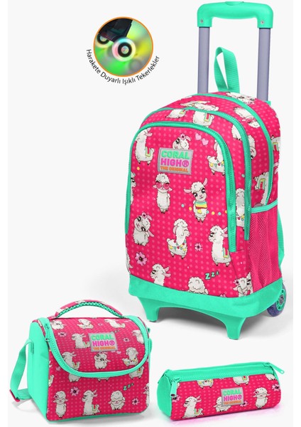 Kids Neon Mercan Su Yeşili Alpaka Desenli Çekçekli 3'lü Çanta Seti SET0123364 fiyatları