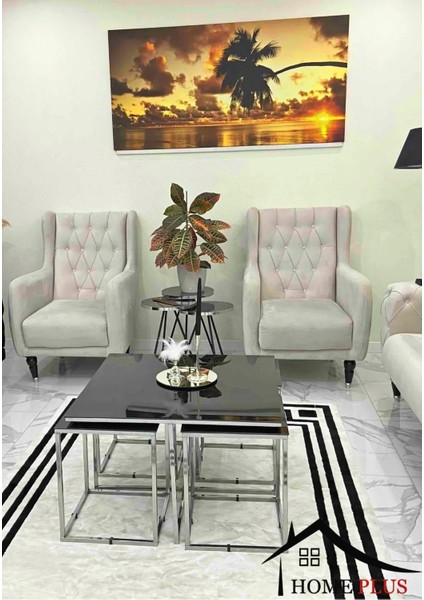 Metal Sehpa 4 1 Gümüş Kaplama Siyah Cam Kare Pizza Orta