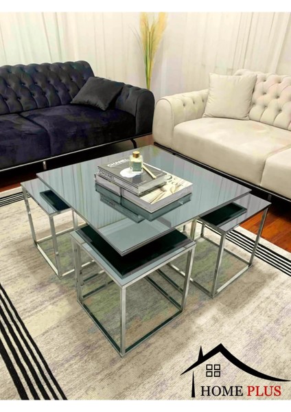 Metal Sehpa 4 1 Gümüş Kaplama Siyah Cam Kare Pizza Orta fiyatları