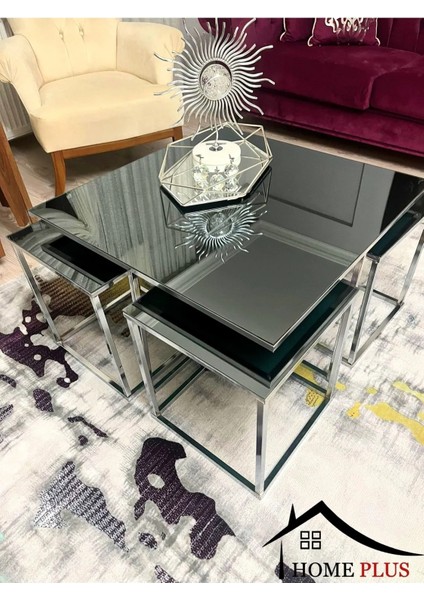 Metal Sehpa 4 1 Gümüş Kaplama Siyah Cam Kare Pizza Orta modelleri