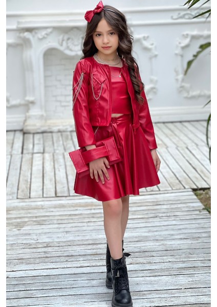 Kız Çocuk Zincir Detaylı Çeket Beli Manşetli Etek ve Croplu Kırmızı Etekli Takım