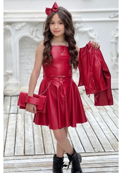 Kız Çocuk Zincir Detaylı Çeket Beli Manşetli Etek ve Croplu Kırmızı Etekli Takım fiyatları