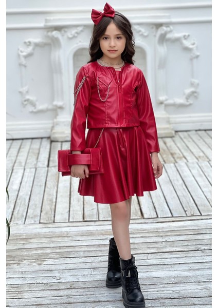 Kız Çocuk Zincir Detaylı Çeket Beli Manşetli Etek ve Croplu Kırmızı Etekli Takım modelleri