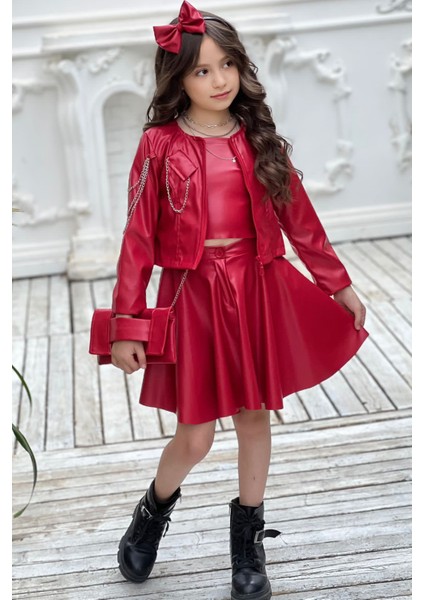 Kız Çocuk Zincir Detaylı Çeket Beli Manşetli Etek ve Croplu Kırmızı Etekli Takım fırsatları