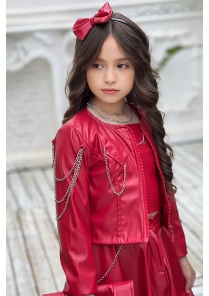 Kız Çocuk Zincir Detaylı Çeket Beli Manşetli Etek ve Croplu Kırmızı Etekli Takım indirimleri