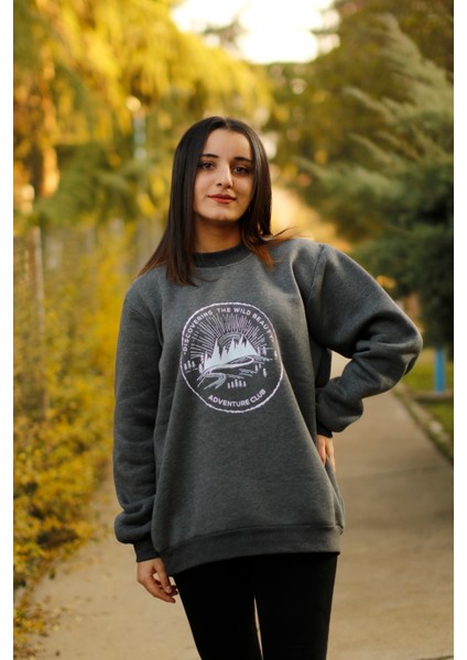 Zykhan Unisex Antrasit Adventure Club Baskılı Bisiklet Yaka Şardonlu 3 Iplik Pamuklu Sweatshirt