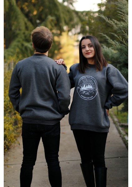 Zykhan Unisex Antrasit Adventure Club Baskılı Bisiklet Yaka Şardonlu 3 Iplik Pamuklu Sweatshirt