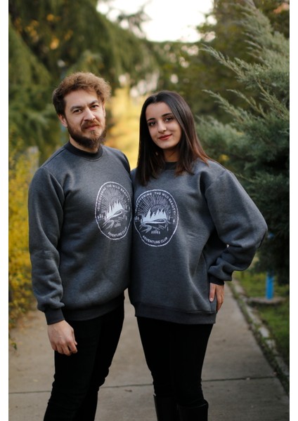 Zykhan Unisex Antrasit Adventure Club Baskılı Bisiklet Yaka Şardonlu 3 Iplik Pamuklu Sweatshirt