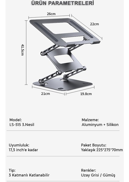 LS515-6 Aluminyum 3 Katlı Yükseklik ve Açı Ayarlı Katlanır, Laptop-Notebook-Tablet Standı(Space Gri)