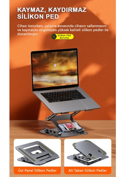 LS515-6 Aluminyum 3 Katlı Yükseklik ve Açı Ayarlı Katlanır, Laptop-Notebook-Tablet Standı(Space Gri)