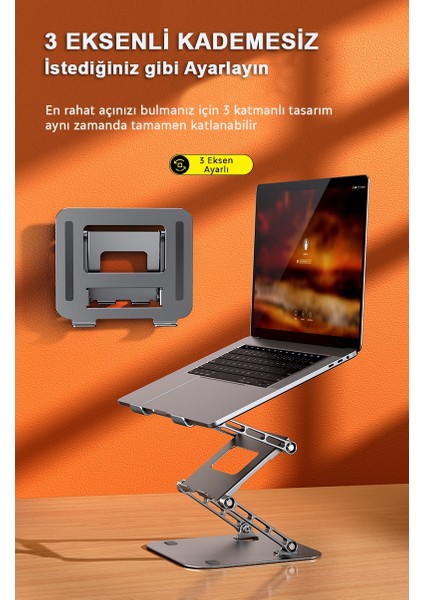 LS515-6 Aluminyum 3 Katlı Yükseklik ve Açı Ayarlı Katlanır, Laptop-Notebook-Tablet Standı(Space Gri)