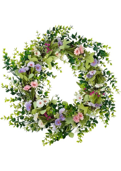 1 Adet, Yeşil Yapraklı Yapay Kapı Çelengi (Küçük Kır Çiçekleri, 45CM) (Yurt Dışından)