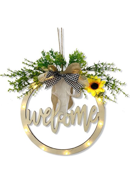 1 Adet, 30 Cm/11,8 Inç Çelenk, Yapay Bitki Şerit Fiyonklu 3D Yazı Tipi Dekorasyon Çelengi (Hoş Geldiniz, LED Işıklı) (Yurt Dışından)