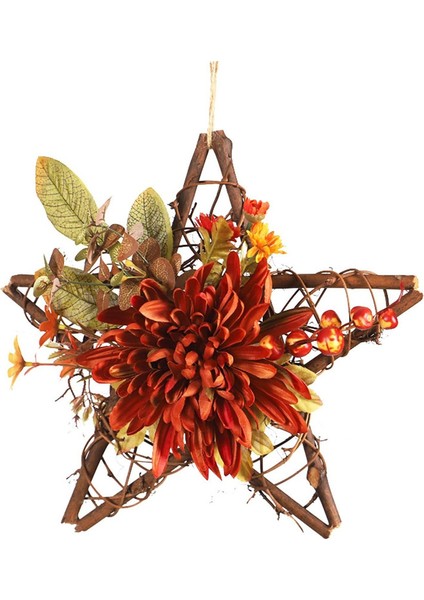 1 Adet, Yapay Beş Köşeli Yıldız Krizantem Yeşil Yapraklı Kapı Çelengi, Dört Mevsim Ön Kapı Çelengi Iç Mekan Dış Mekan Için Aydınlatır (30CM) (Yurt Dışından)