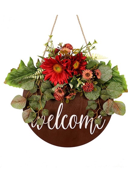 1pc, Ayçiçeği Baskılı Yuvarlak Ahşap Hoş Geldiniz Tabelası Kapı Çelengi, Kırmızı Ayçiçeği Okaliptüs (Yurt Dışından)