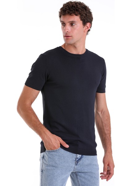 Lacivert Slim Fit Düz Bisiklet Yaka Rayon Tişört