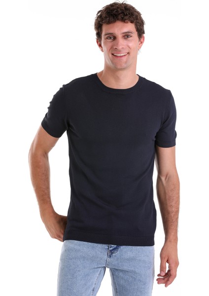 Lacivert Slim Fit Düz Bisiklet Yaka Rayon Tişört