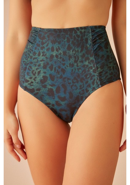 Yüksek Bel Pileli Desenli Bikini Alt