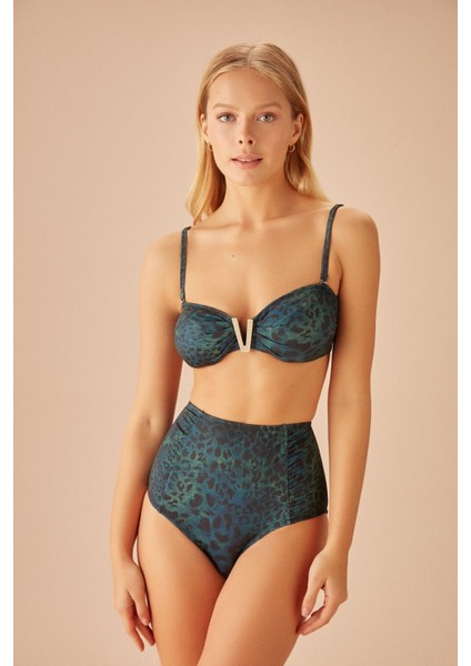 Yüksek Bel Pileli Desenli Bikini Alt