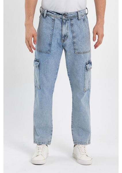 Beli Kemerli Rahat Kalıp Denim Taş Yıkamalı Kot Kargo Cep Pantolon Buz Mavi