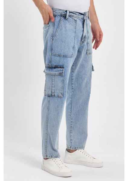 Beli Kemerli Rahat Kalıp Denim Taş Yıkamalı Kot Kargo Cep Pantolon Buz Mavi fiyatları