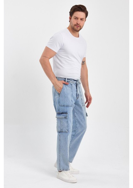 Beli Kemerli Rahat Kalıp Denim Taş Yıkamalı Kot Kargo Cep Pantolon Buz Mavi fırsatları